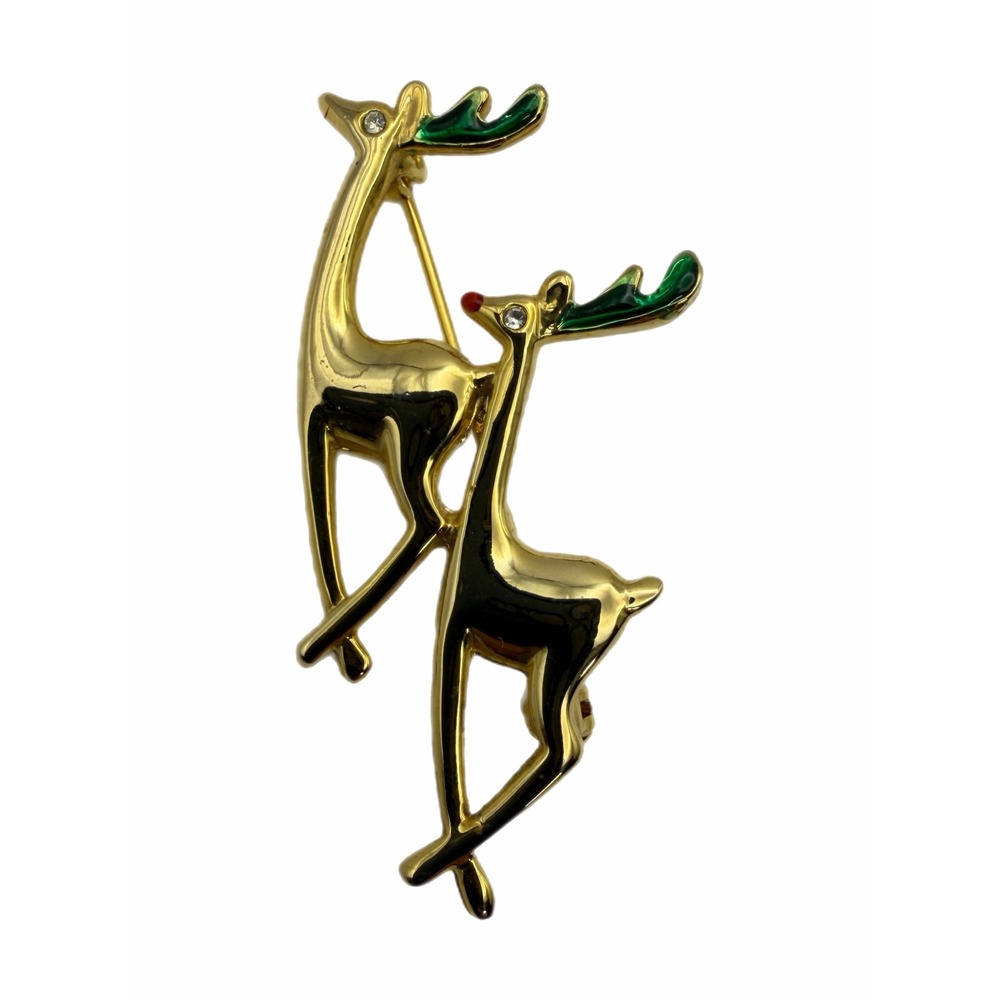 Vintage Gold Tone Reindeer Brooch Christmas Deer Green Enamel Rhinestone Pin